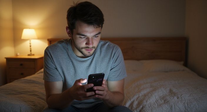 Een jonge man zit ontspannen op een bed en gebruikt zijn smartphone.