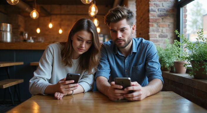 Een jongeman en -vrouw zitten samen in een café, engrossed in hun telefoons.