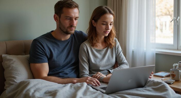Een man en vrouw zitten ontspannen samen op een bed.