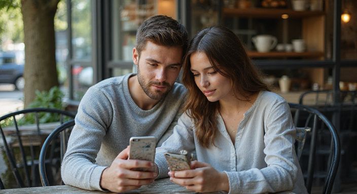 Een jong stel bekijkt hun datingopties voor sexcontact in Aalst op smartphones bij een café.