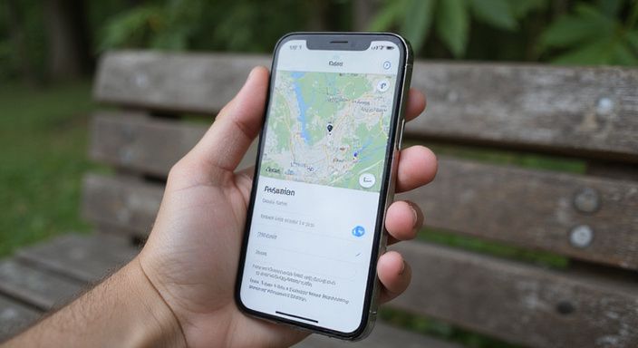 Een hand houdt een smartphone met een gedetailleerde digitale kaart vast.