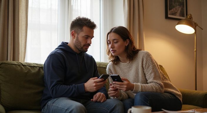 Een man en vrouw op een bank, scrollend op een dating-app voor sexcontact in Aalst.