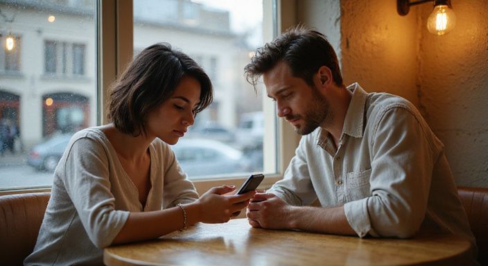 Een jonge vrouw en man zitten samen aan een café tafel.