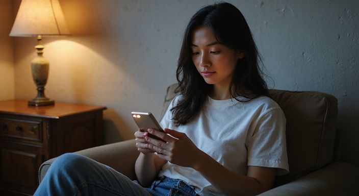 Een vrouw zit ontspannen in een fauteuil met haar smartphone en zoekt sexcontact in Aalst.