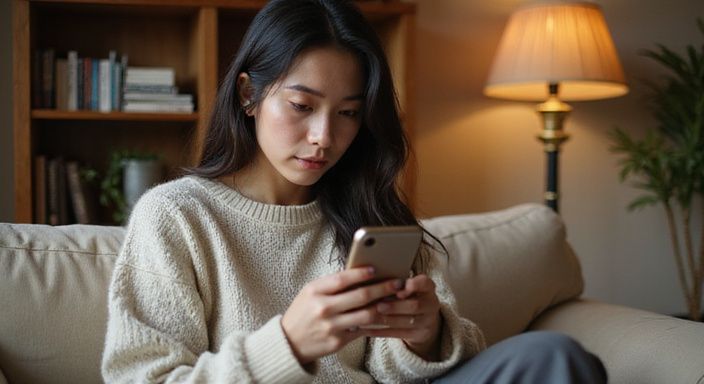 Een vrouw in een comfortabele woonkamer scrollt onzeker op haar telefoon.