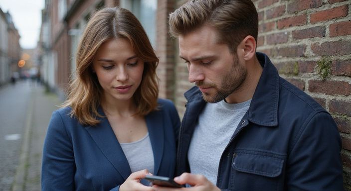 Een man en vrouw bekijken gefocust hun smartphones op straat en zoeken sexcontact in Aalst.