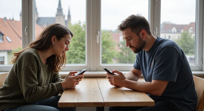 Een vrouw en man gebruiken samen een dating-app in Aalst.