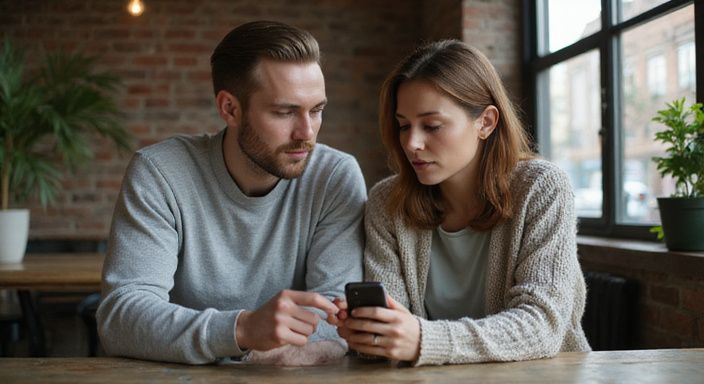Een stel kijkt geconcentreerd naar een GPS-app in een café.