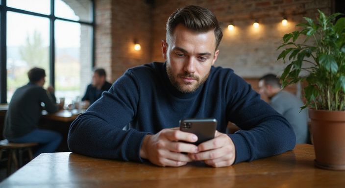 Een man in een café kijkt aandachtig naar zijn smartphone en zoekt sexcontact in Aalst.