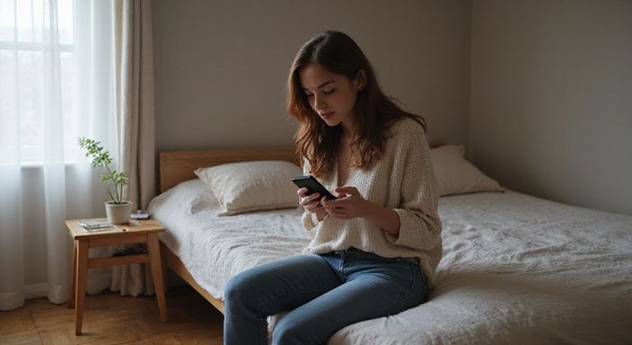 Een vrouw scrollt ontspannen op een dating-app voor sexcontact Mechelen in haar slaapkamer.