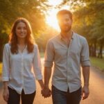 Een paar wandelt hand in hand in een park