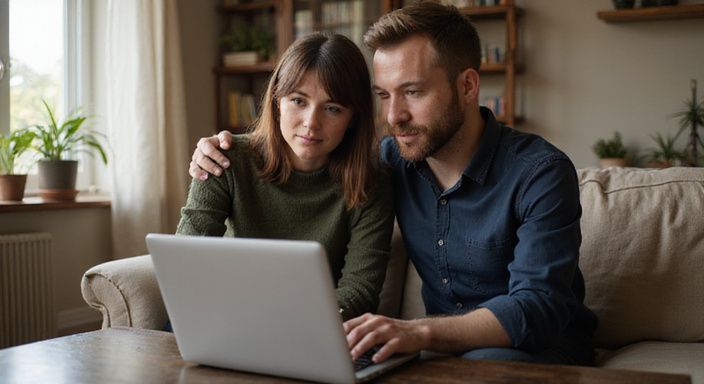 Een man en vrouw zoeken samen op een laptop naar sexcontact Mechelen.
