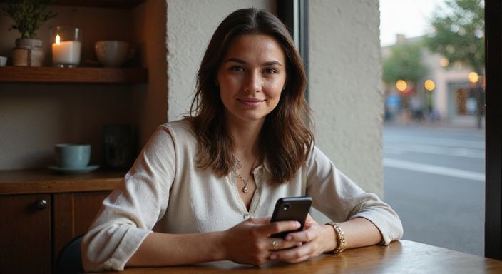 Een vrouw geniet van een rustige moment in een café.