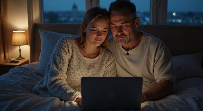 Een stel bespreekt plannen voor sexcontact Mechelen op hun laptop in een slaapkamer.