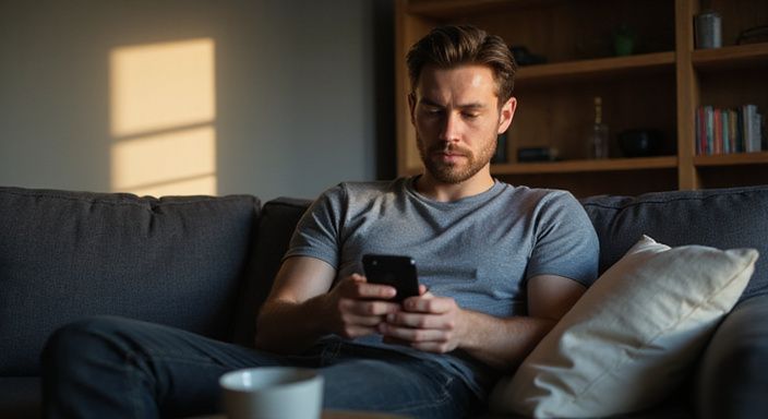 Een man in zijn dertiger jaren scrollt door een datingapp.