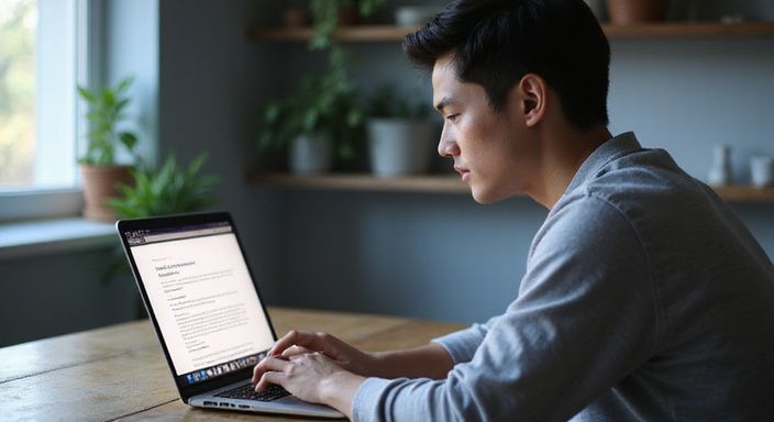 Een persoon leest aandachtig op hun laptop aan een bureau.
