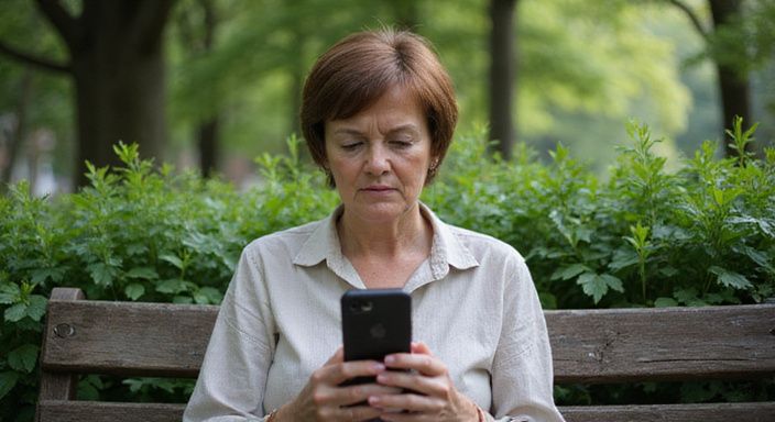 Een bezorgde vrouw zit op een houten bank met haar smartphone.