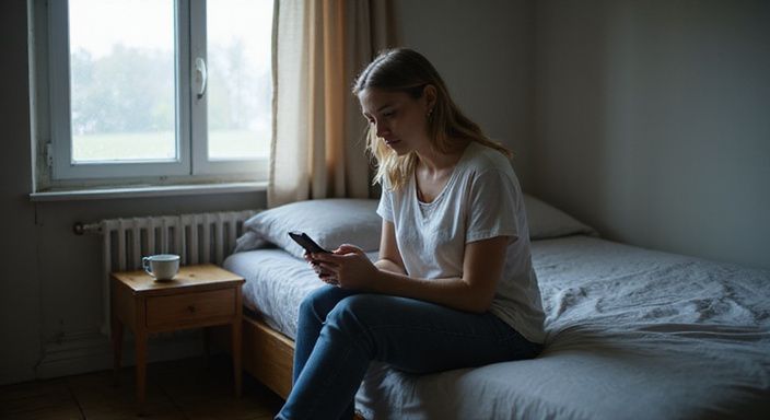 Een vrouw in haar dertiger jaren zit ontspannen op een bed.