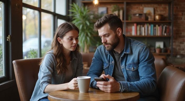 Een vrouw en man delen een intieme momenten in een café. Een vrouw en man delen een intieme momenten in een café.