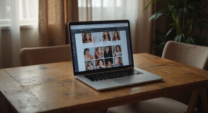 Een rustige kamer met een laptop en profielpagina's van massageproviders. Een rustige kamer met een laptop en profielpagina's van Sexcontact Namen.