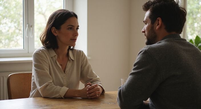 Een vrouw en man hebben een rustige, betekenisvolle conversatie aan tafel. Een vrouw en man hebben een rustige, betekenisvolle conversatie over Sexcontact Namen aan tafel.