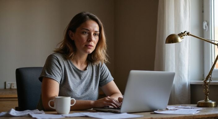 Een vrouw leest geconcentreerd op haar laptop aan een bureau. Een vrouw leest geconcentreerd op haar laptop aan een bureau.