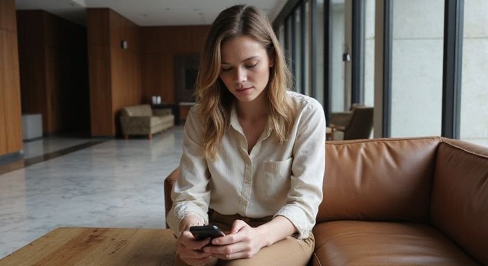Een vrouw in een hotel lobby wacht rustig op haar smartphone. Een vrouw in een hotel lobby wacht rustig op haar smartphone.
