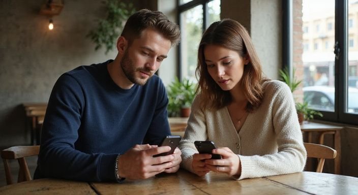 Een man en vrouw gebruiken hun smartphones in een café. Een man en vrouw gebruiken hun smartphones in een café.