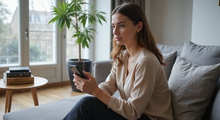 Een vrouw in een moderne woonkamer bekijkt haar smartphone aandachtig. Een vrouw in een moderne woonkamer bekijkt haar smartphone aandachtig.