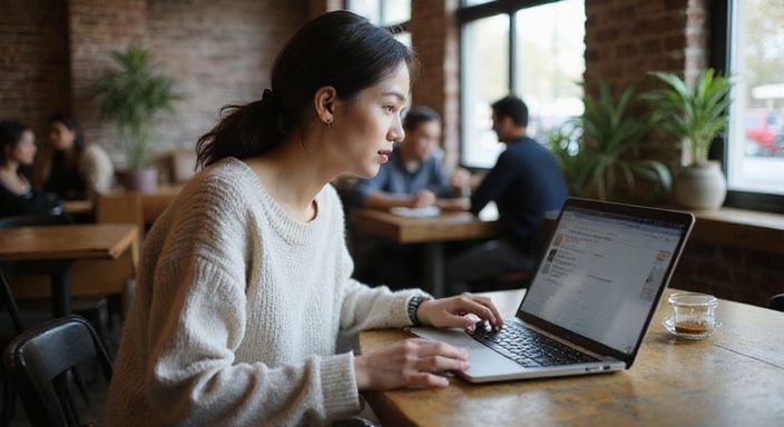 Een persoon scrollt door datingprofielen in een café. Een persoon scrollt door datingprofielen voor Sexcontact Namen in een café.