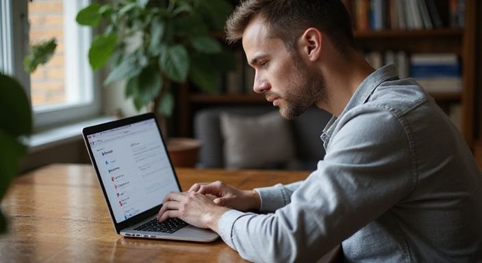 Een persoon werkt geconcentreerd aan een laptop met datingplatform-interface. Een persoon werkt geconcentreerd aan een laptop met datingplatform-interface.