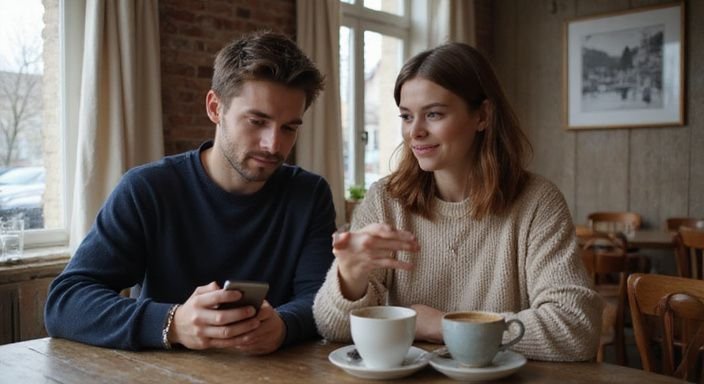 Een jongeman en vrouw converseren ontspannen in een café. Een jongeman en vrouw converseren over Sexcontact Namen ontspannen in een café.