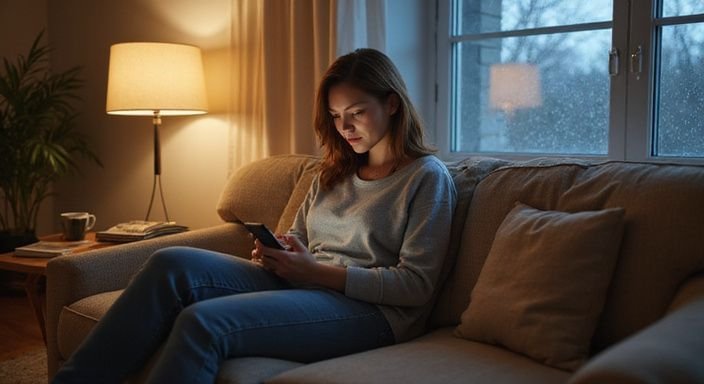 Een vrouw zit op de bank en kijkt geconcentreerd op haar smartphone. Een vrouw zit op de bank en kijkt geconcentreerd op haar smartphone.