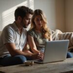 Een man en vrouw zitten geconcentreerd samen op een bank