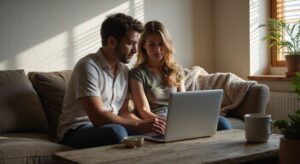 Een man en vrouw zitten geconcentreerd samen op een bank