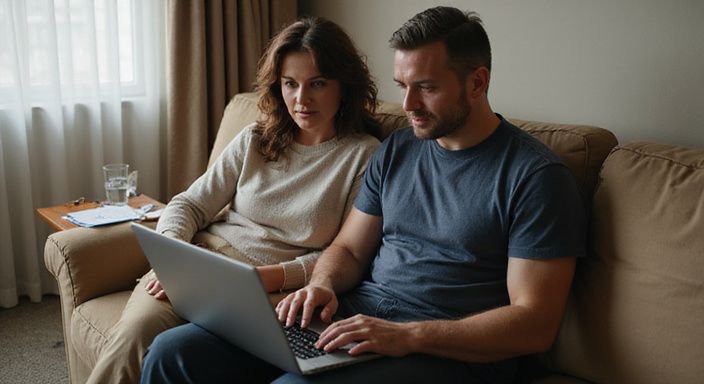Een vrouw en man zoeken op een laptop naar een discrete affaire in Vlaanderen.