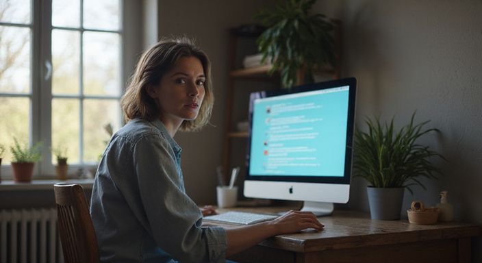 Een vrouw toont verbazing en verraad terwijl ze e-mails voor haar discrete affaire in Vlaanderen bekijkt.