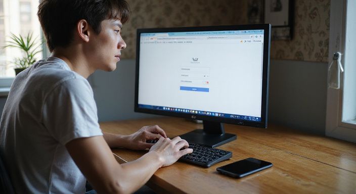 Een persoon werkt geconcentreerd aan een computer aan een houten bureau.