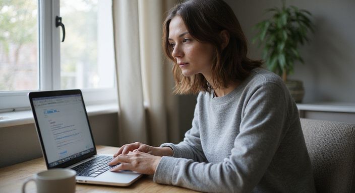 Een vrouw typt geconcentreerd op haar laptop in een thuiskantoor en zoekt een discrete affaire in Vlaanderen.