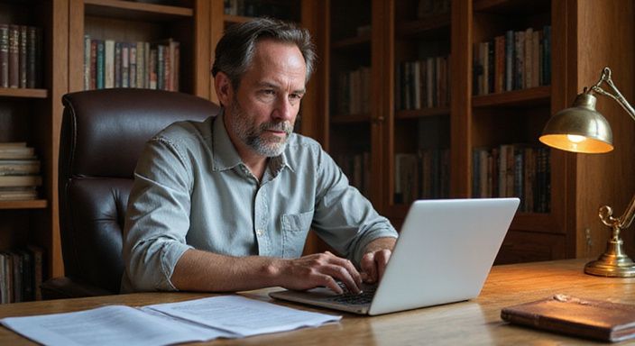 Een man leest aandachtig op zijn laptop in een thuiskantoor en wil een discrete affaire in Vlaanderen.