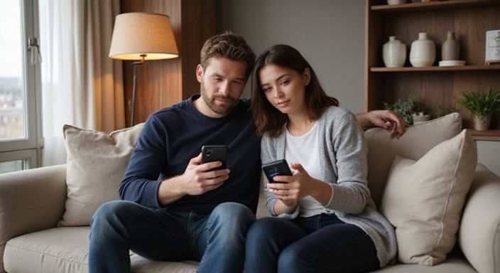 Een man en vrouw zitten samen op een bank, bezig met hun telefoons.