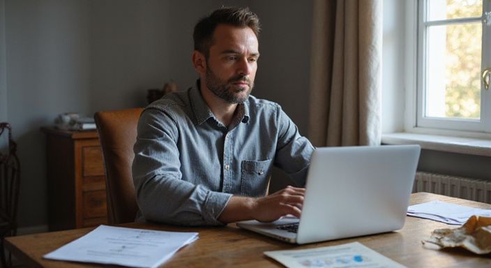 Een man concentreert zich op zijn laptop in een gezellige thuiswerkruimte.