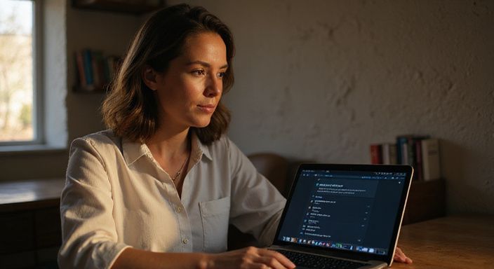 Een vrouw in een rustige kamer kijkt geconcentreerd naar haar laptop.