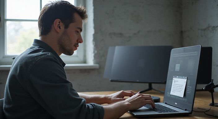Een persoon werkt geconcentreerd aan een laptop met privacyschermen.
