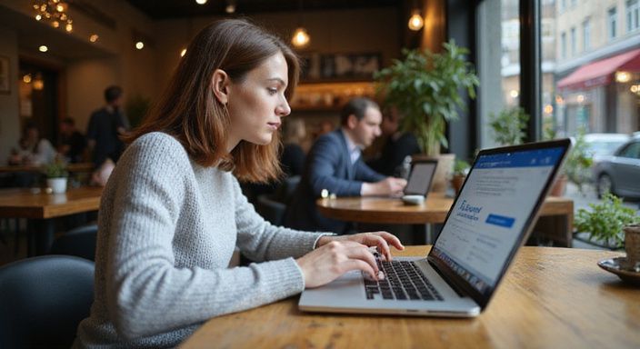 Een vrouw typt geconcentreerd op haar laptop in een café.