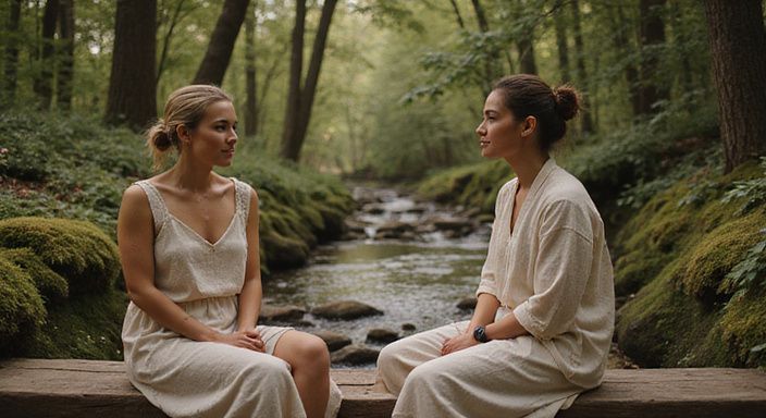 Twee personen voeren een vertrouwelijk gesprek in een rustige wellnessomgeving.