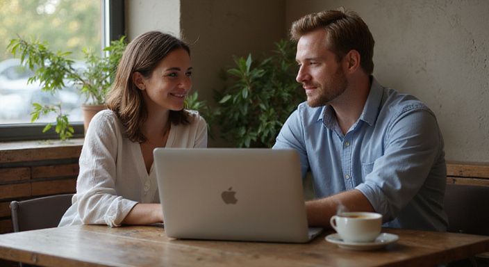 Een man en vrouw lachen terwijl ze een datingsite voor Flirt contact Vlaanderen bekijken.