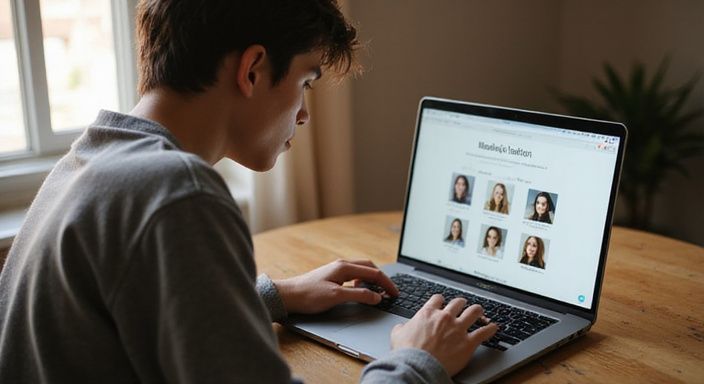 Een jonge volwassene kijkt gefocust naar een datingwebsite voor flirt contact in Vlaanderen op laptop.