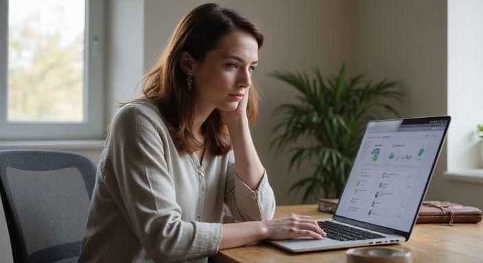 Vrouw zit geconcentreerd achter laptop aan houten bureau.