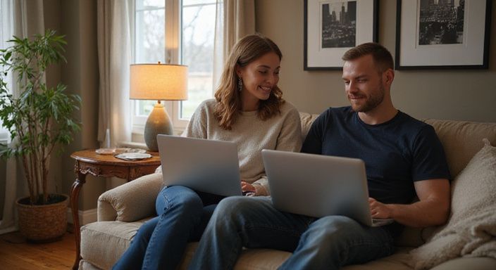 Een jong stel zit samen in een gezellige woonkamer met een laptop.